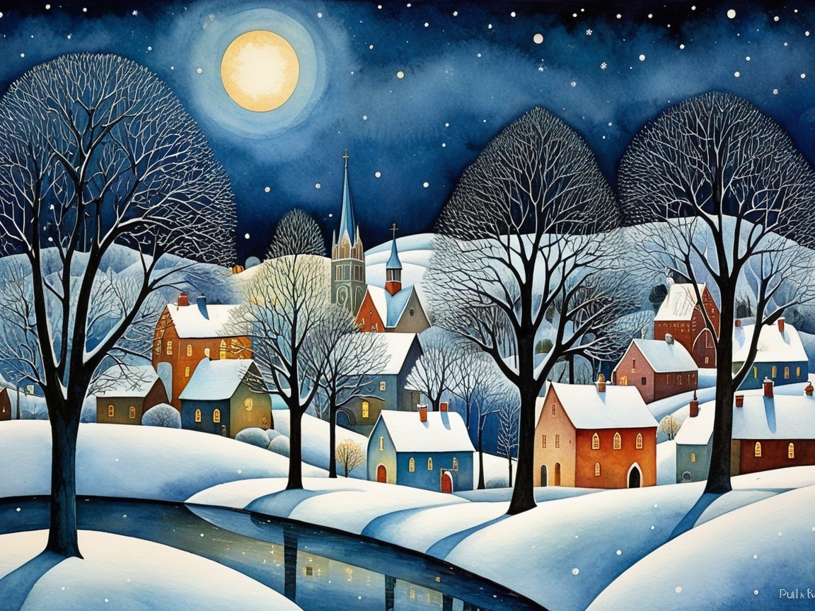 Whimsical Winter Village Watercolor Painting at Night