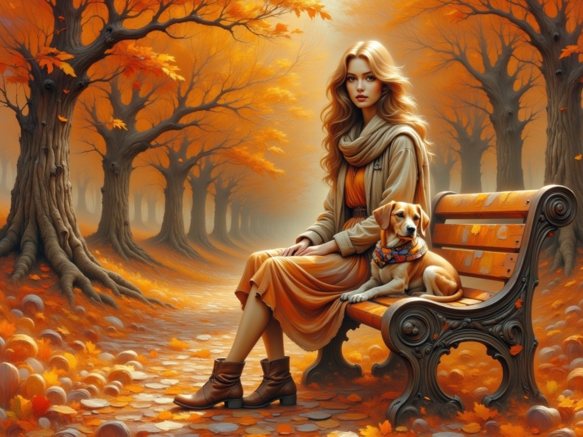 Autumn Scene with Woman and Dog in Vibrant Landscape