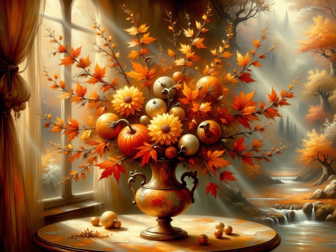 Vibrant Autumn Bouquet in Decorative Vase with Landscape