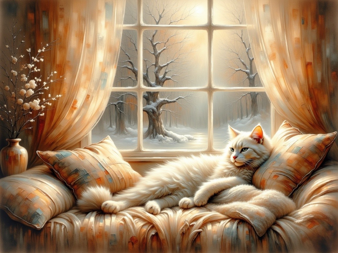 Cozy Winter Scene with Cat and Snowy Landscape