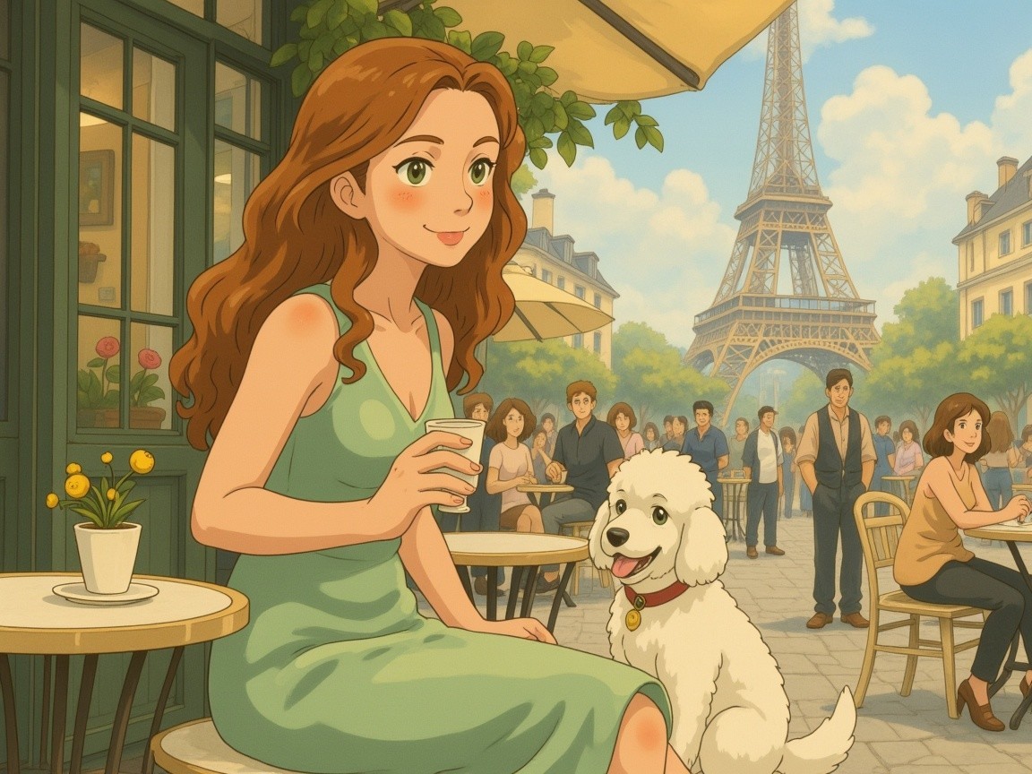 Young woman at café with dog and Eiffel Tower backdrop