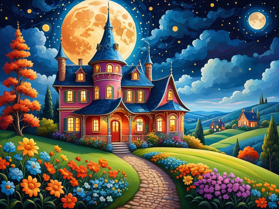 Colorful Mansion on a Hill Under a Full Moon