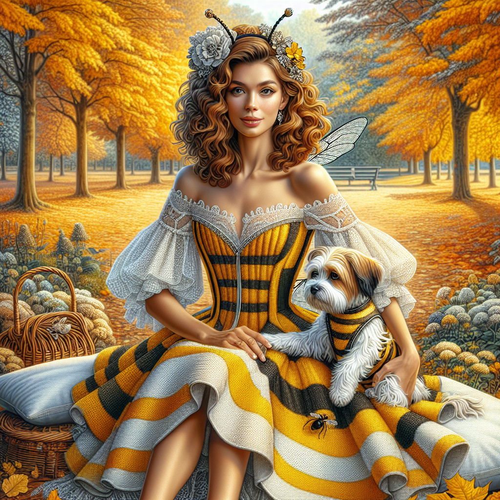 Woman in Bee-Inspired Outfit in Autumn Landscape