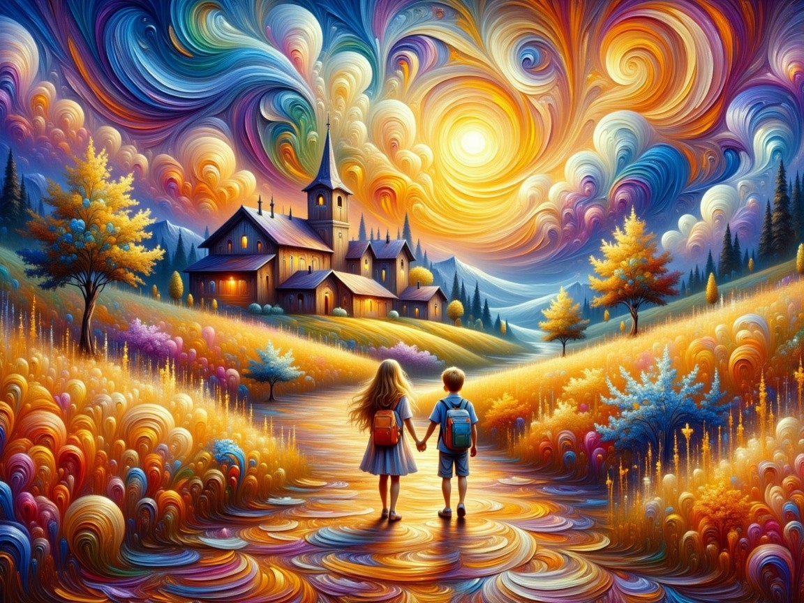 Vibrant Landscape with Children on a Colorful Path