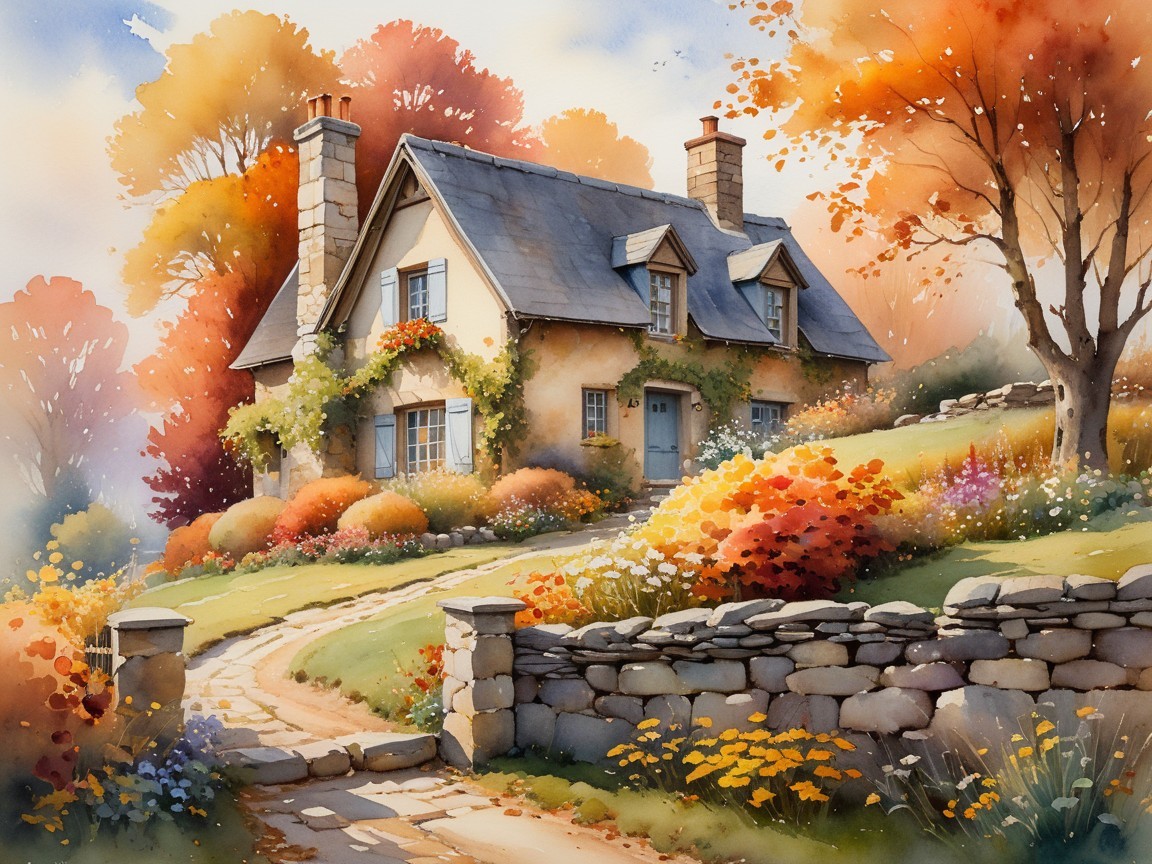 Countryside Cottage Surrounded by Autumn Foliage