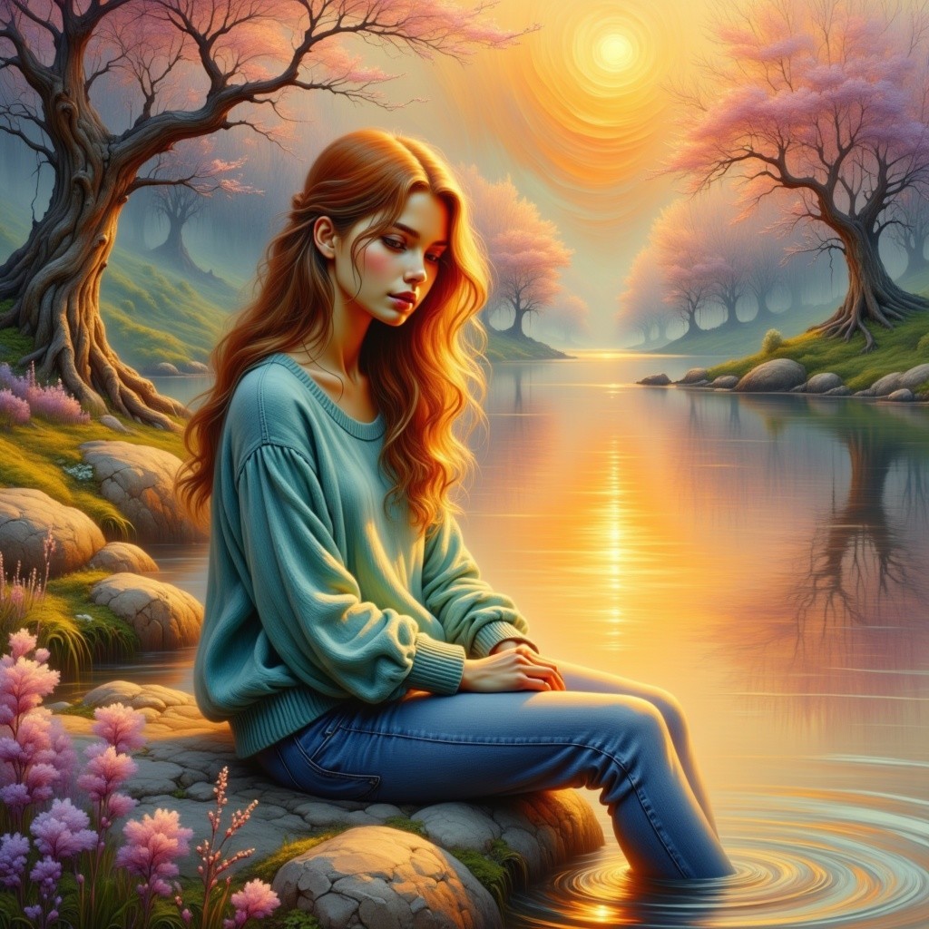 Tranquil River Sunrise with Young Woman and Blossoms