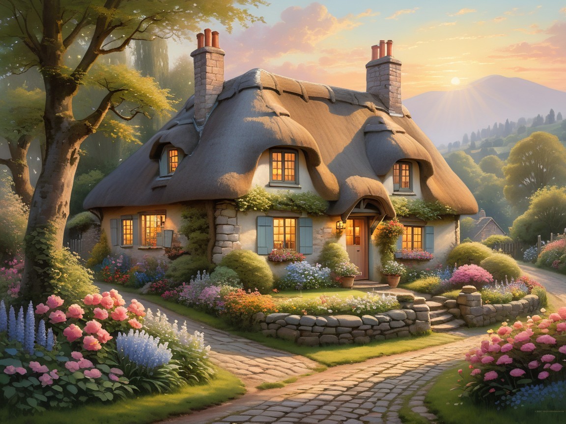 Charming Thatched Roof Cottage Surrounded by Flowers