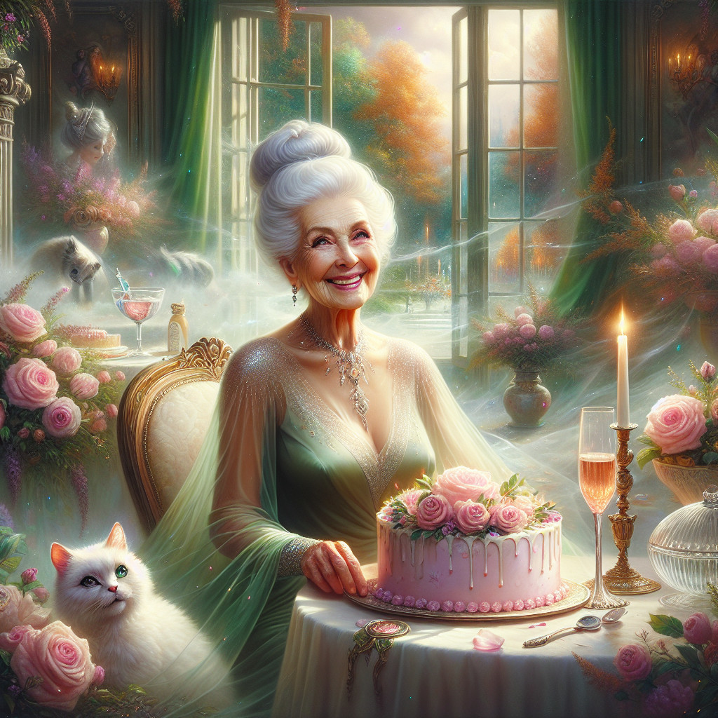 Elegant elderly woman at a decorated table with roses
