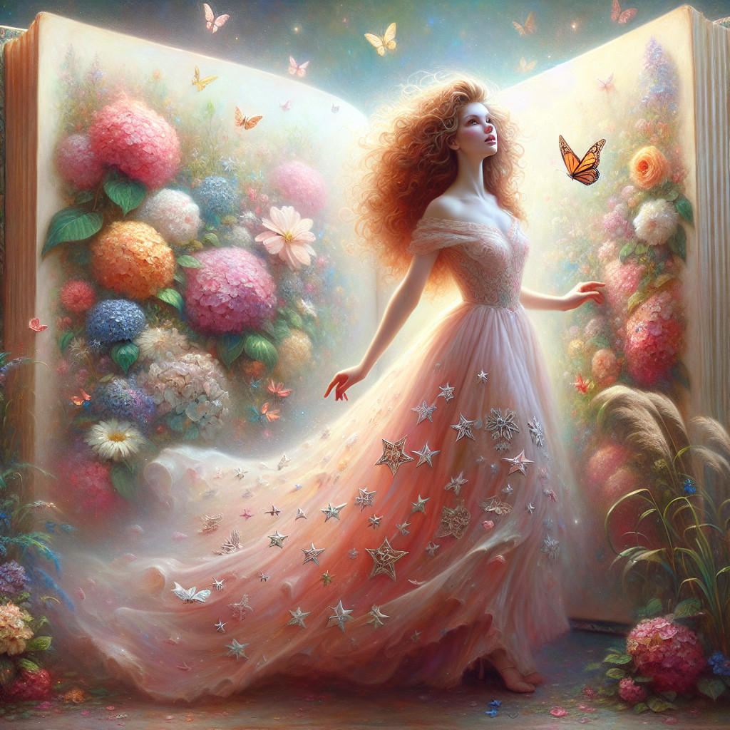 Dreamy Scene of Woman in Pastel Gown with Nature