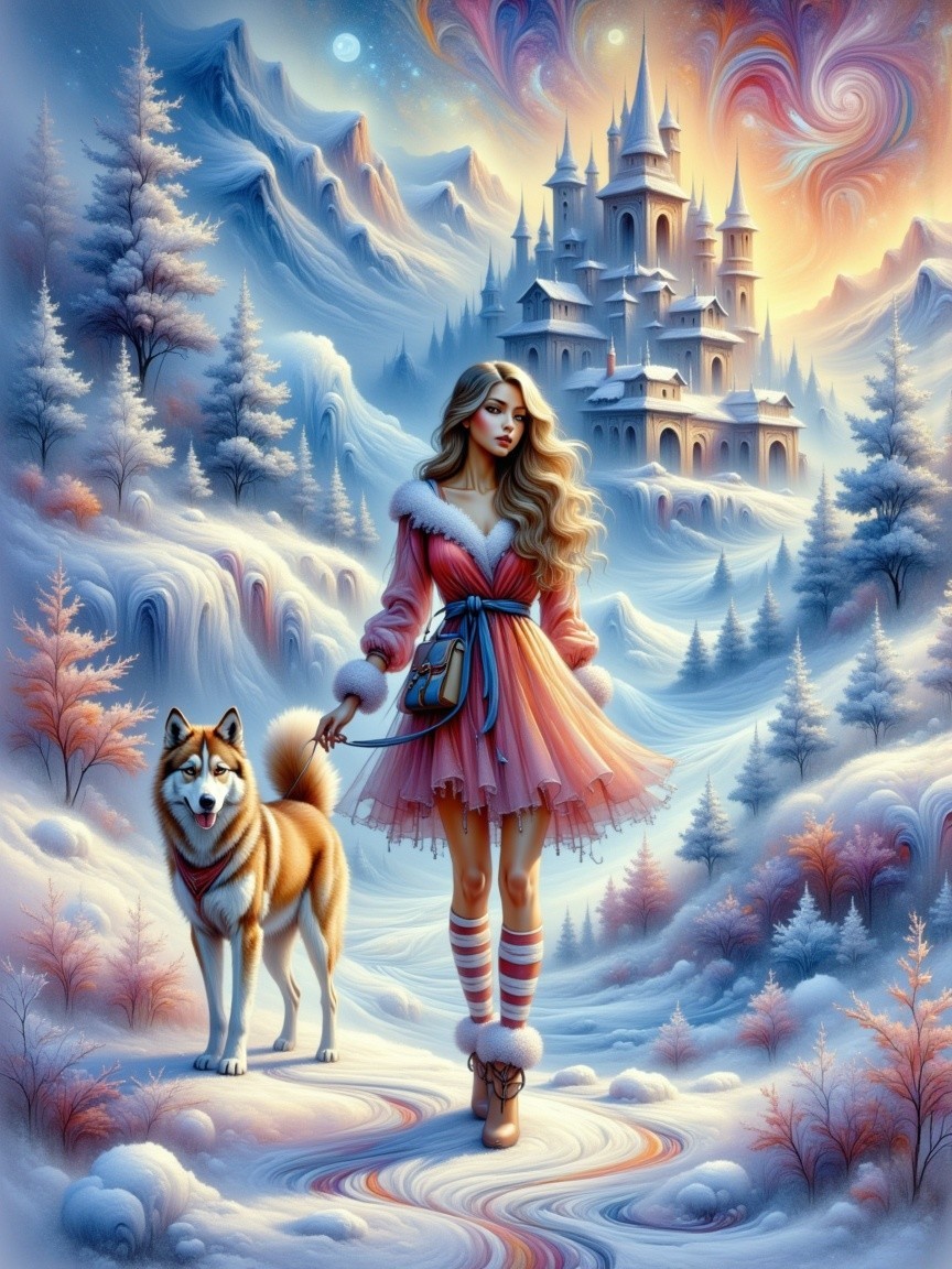 Young woman in pink dress walks with Shiba Inu in snow