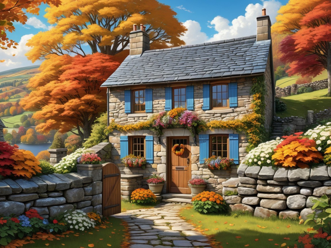 Stone Cottage Surrounded by Autumn Foliage and Hills