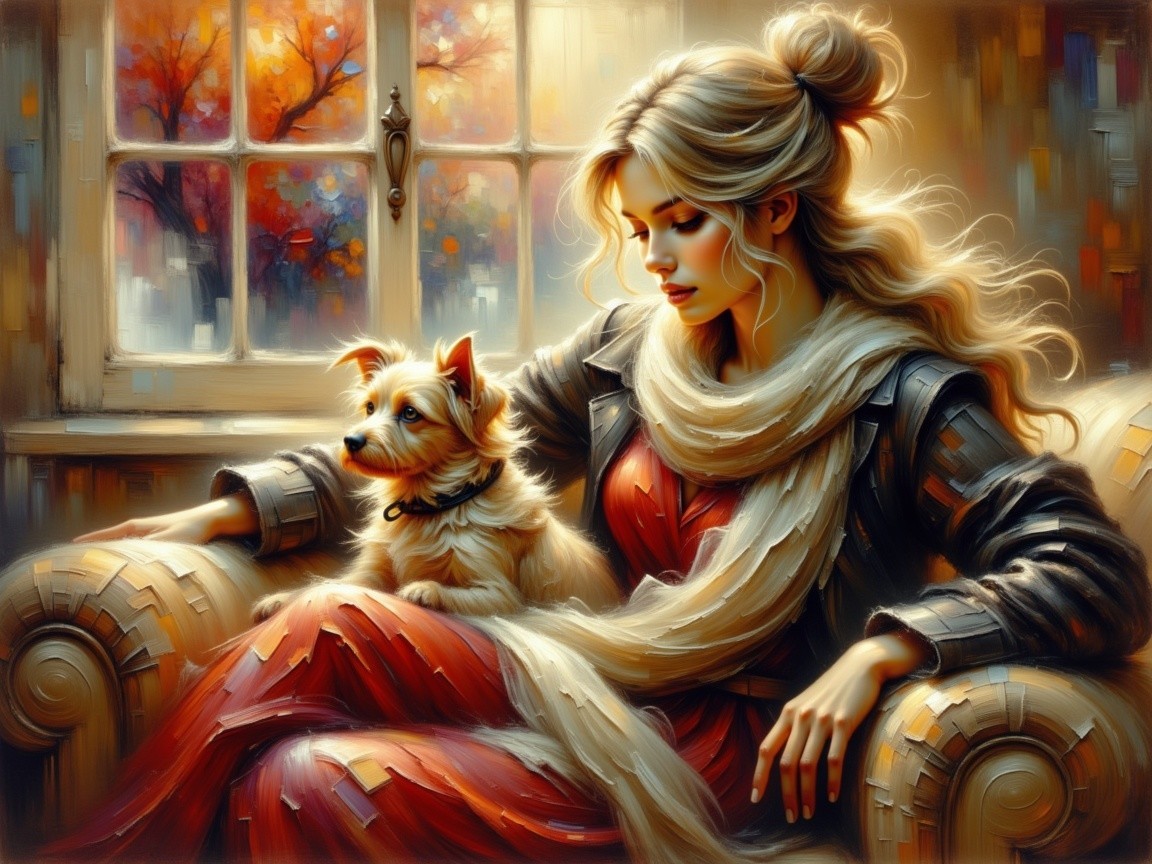 Oil Painting of Woman with Dog in Autumn Setting