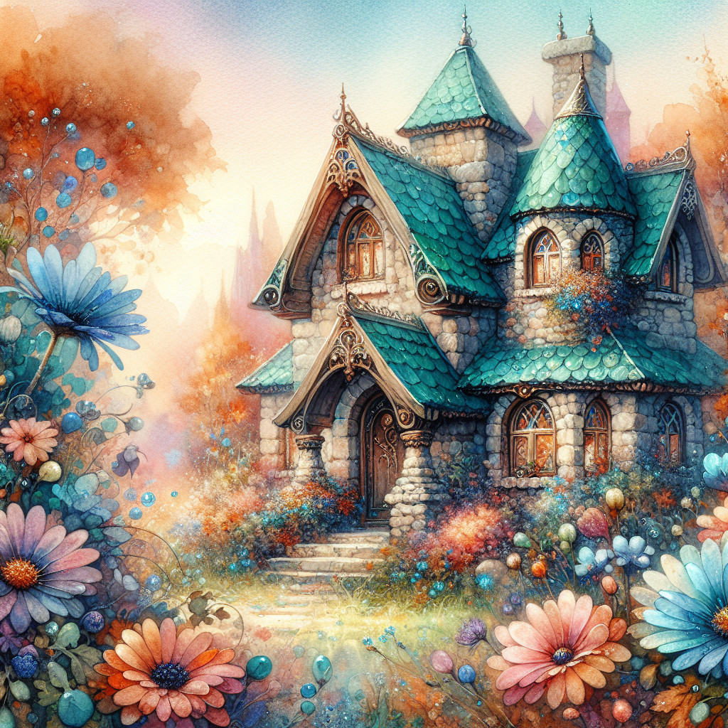 Whimsical Stone Cottage Surrounded by Colorful Garden