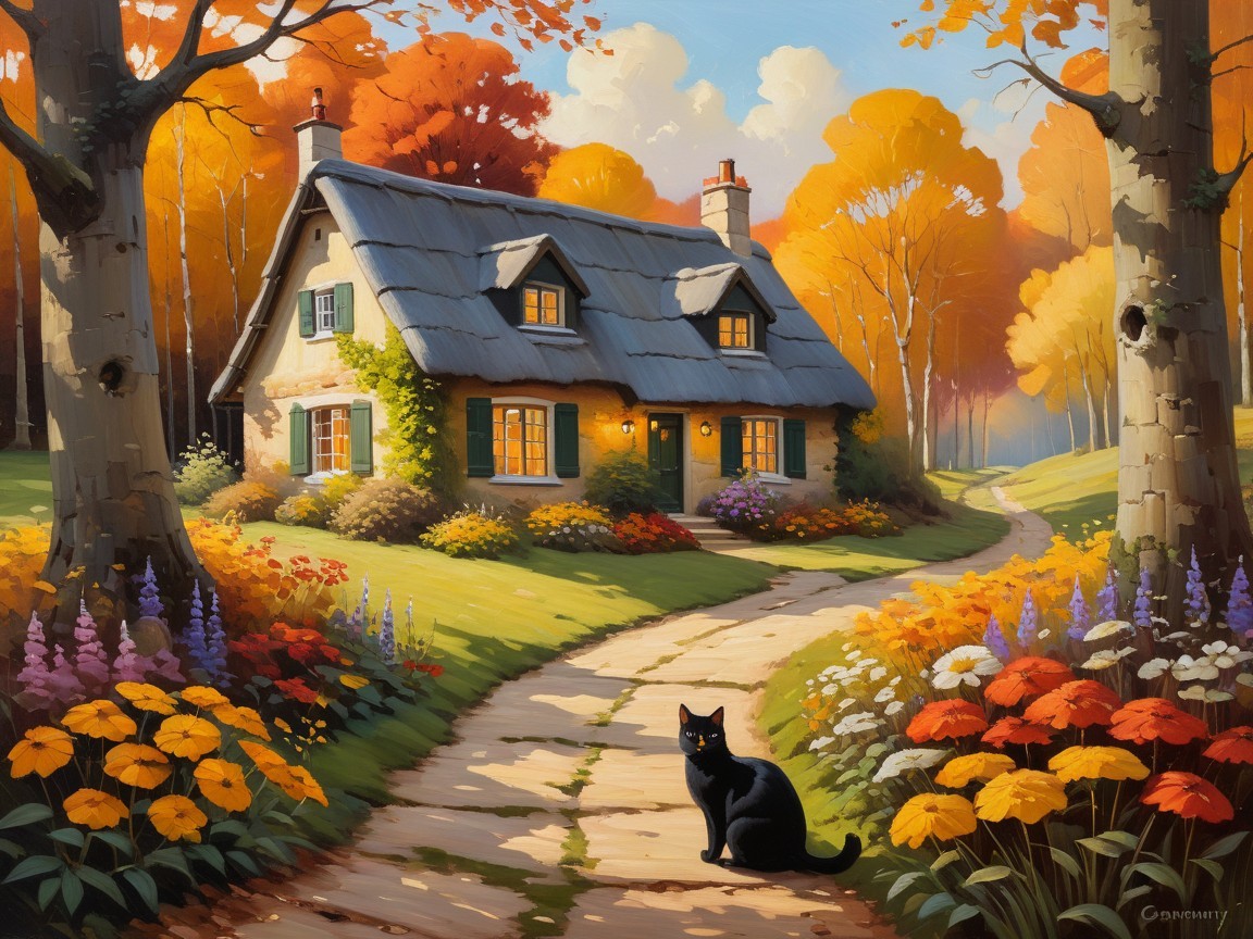 Charming Cottage Surrounded by Autumn Trees and Flowers