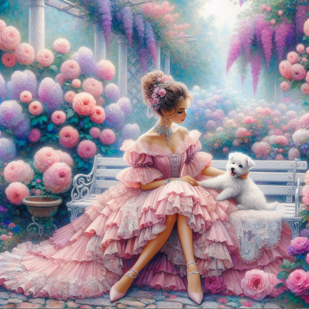 Pastel Garden Scene with Woman and White Dog