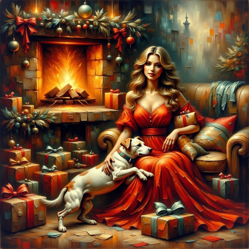 Woman in Red Dress by Fireplace with Holiday Decor