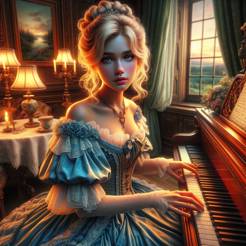 Vintage Gown and Grand Piano in Elegant Room