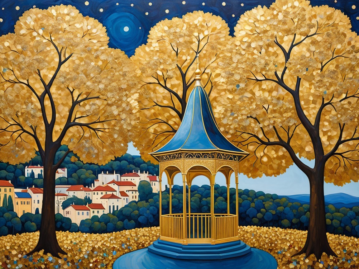 Vibrant Nighttime Landscape with Textured Trees and Moon