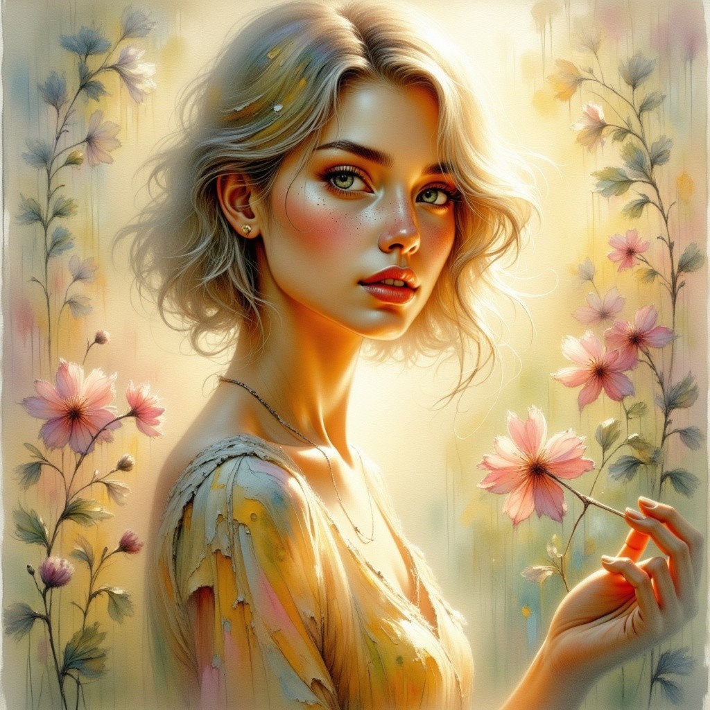 Portrait of a woman with blonde hair and pink flower