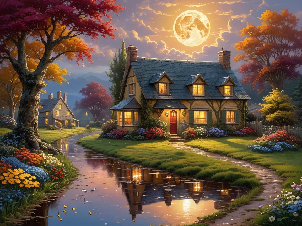 Countryside Cottage by a Serene Autumn Pond