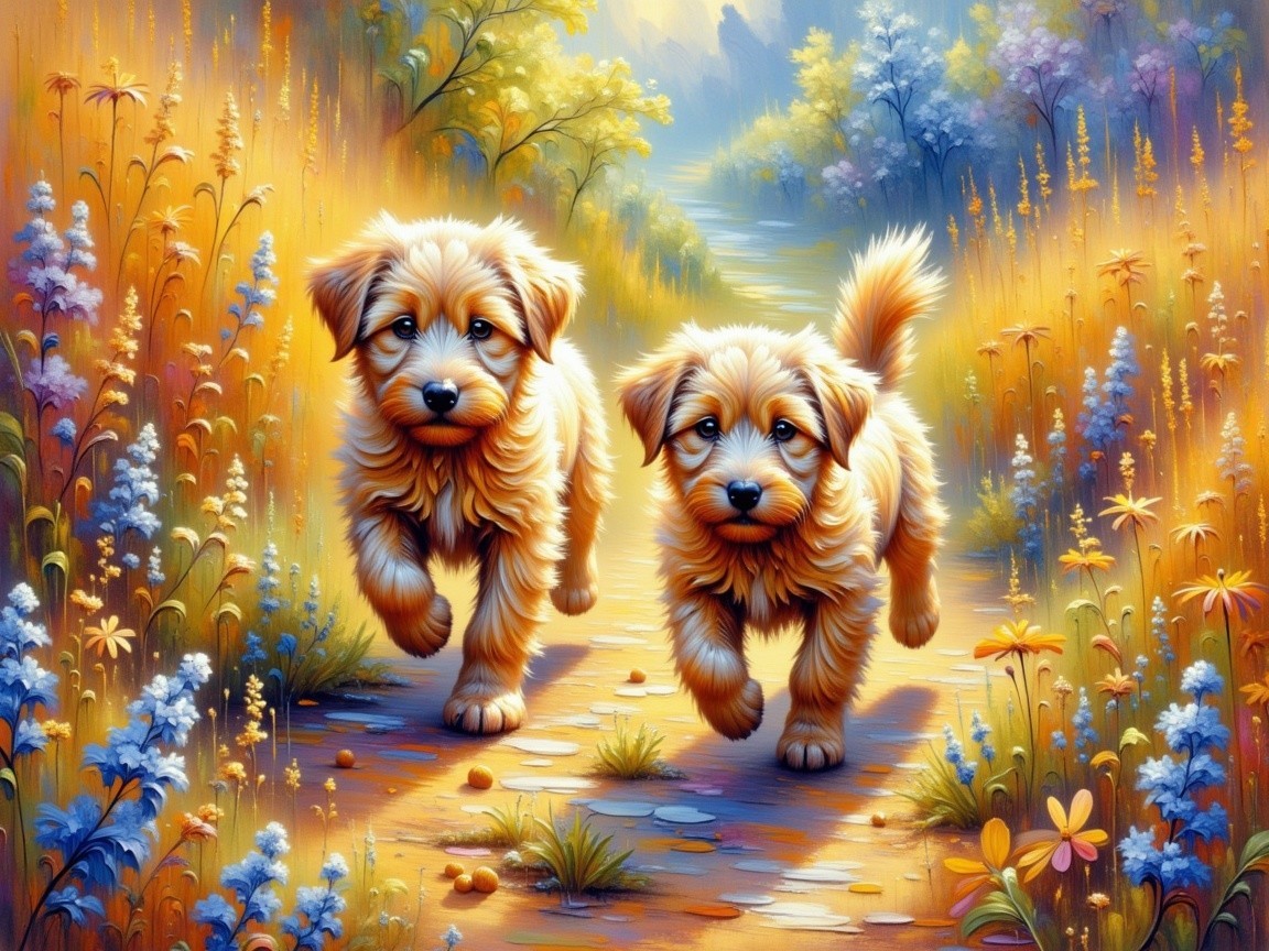 Fluffy Golden Puppies Playing in Sunlit Wildflower Path