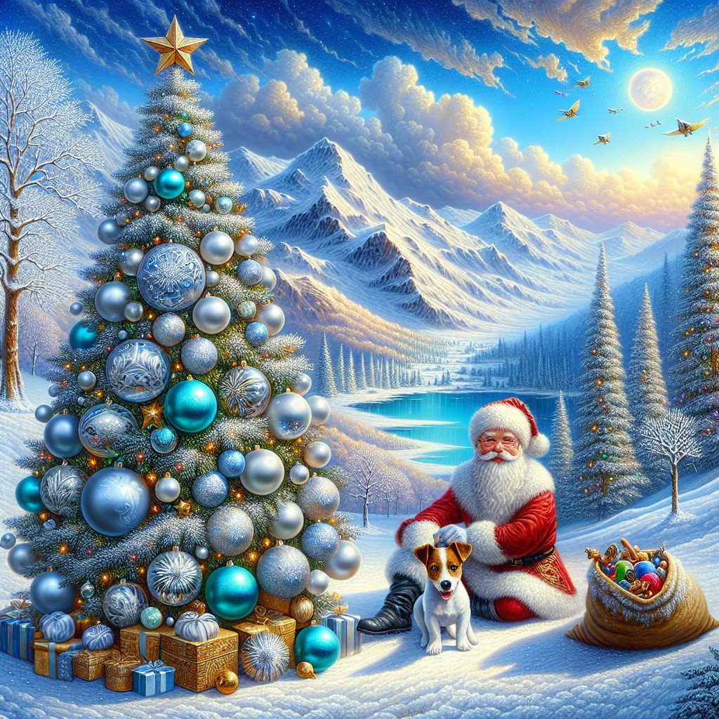 Cheerful Santa Claus with dog by decorated Christmas tree