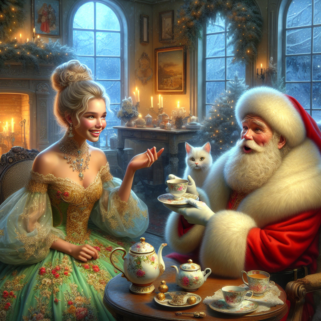 Festive Tea Party with Santa and Elegant Woman