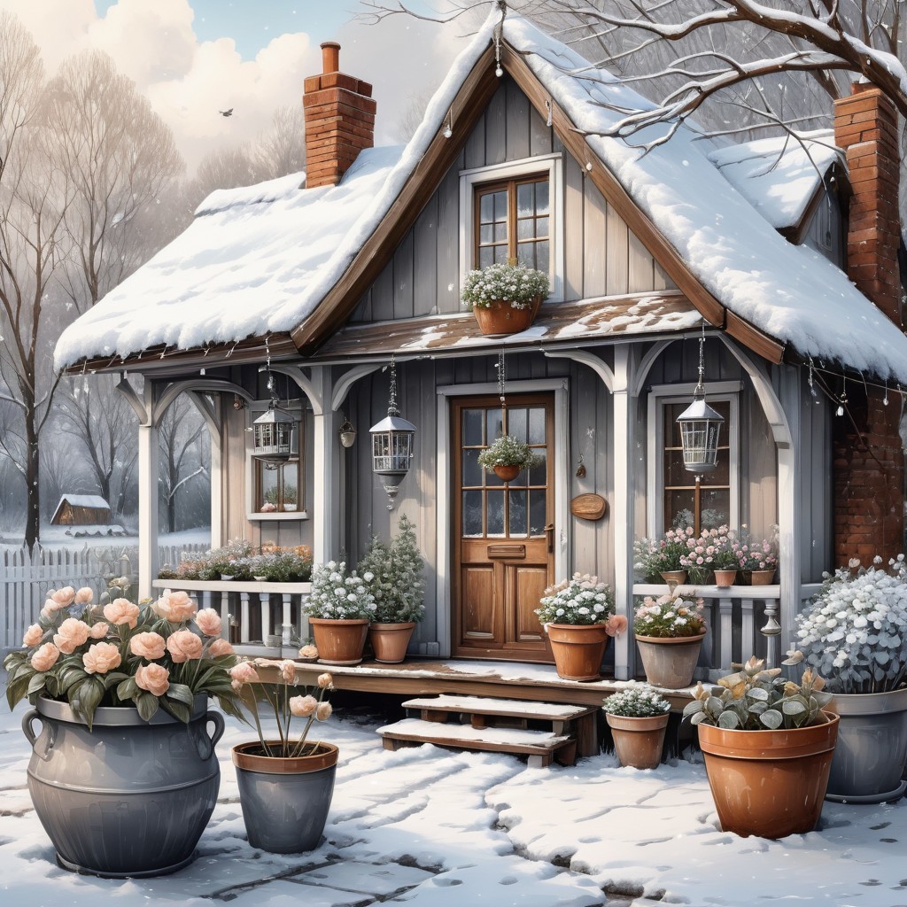 Winter Cottage in Snowy Landscape with Flowers