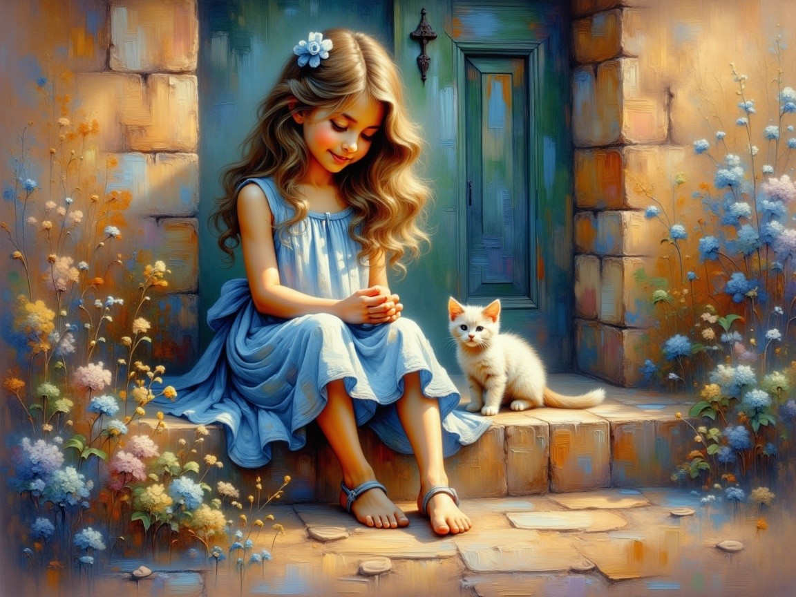 Young girl in blue dress with kitten on stone steps
