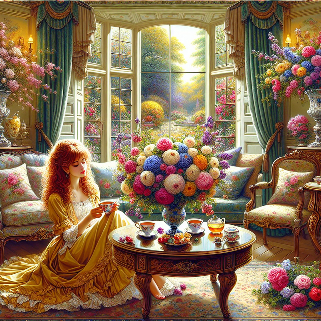 Elegant Room with Floral Decor and Tea Setting