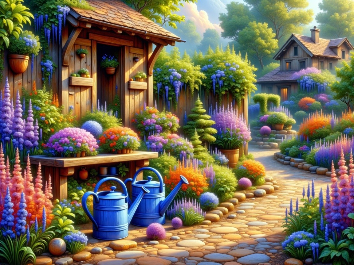 Vibrant garden with colorful flowers and wooden shed