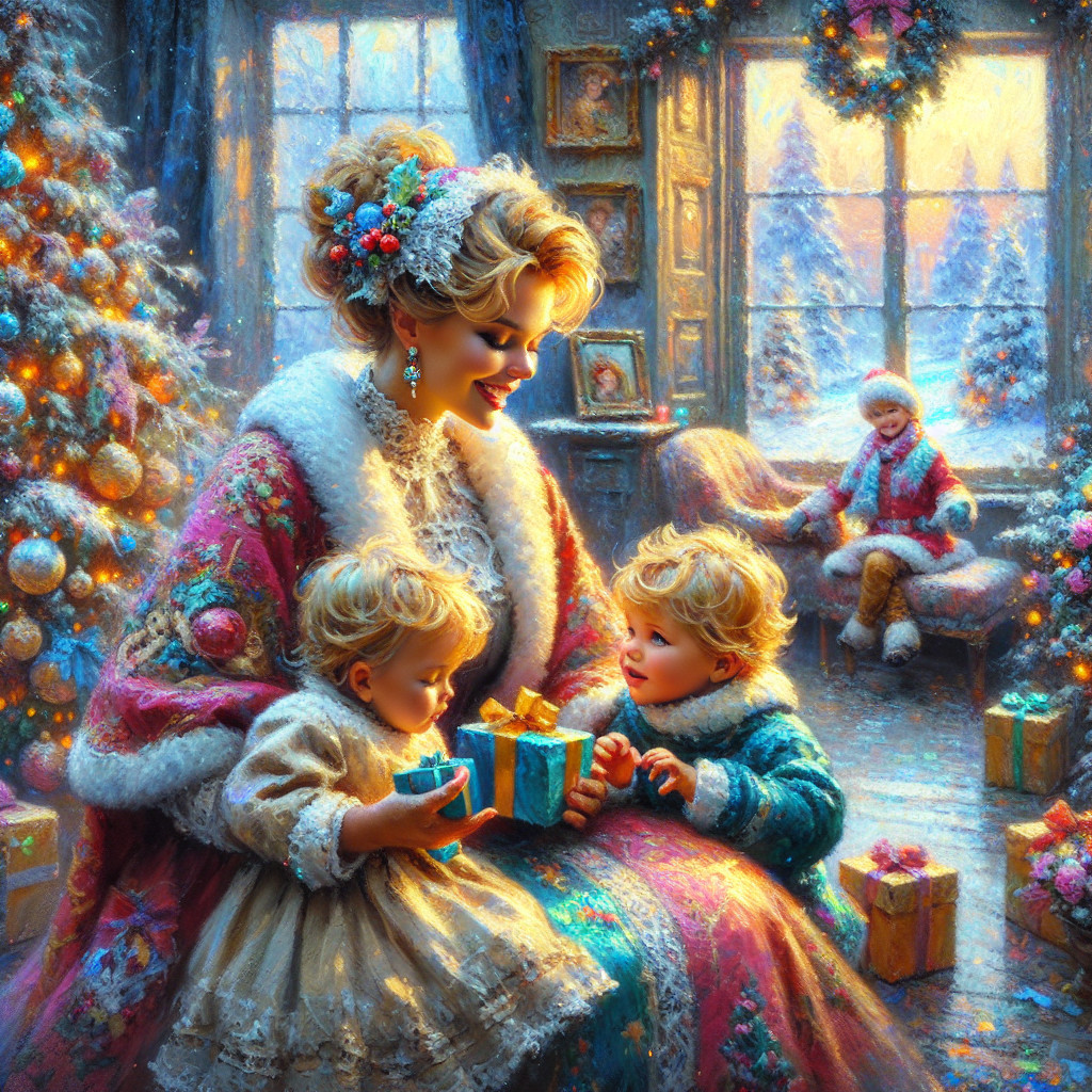 Oil Painting of Woman with Infants and Gift Box