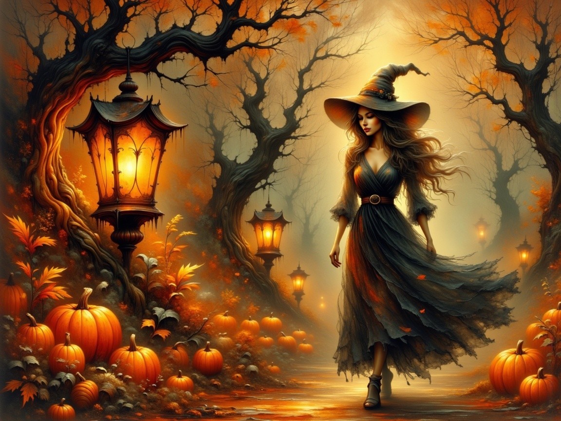 Witch Walking on Lantern-Lit Path with Pumpkins