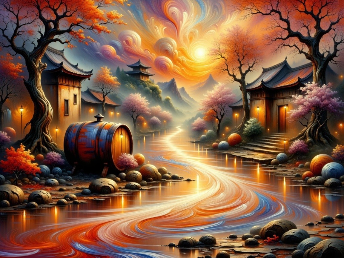 Vibrant Sunset Landscape with Serene River and Village