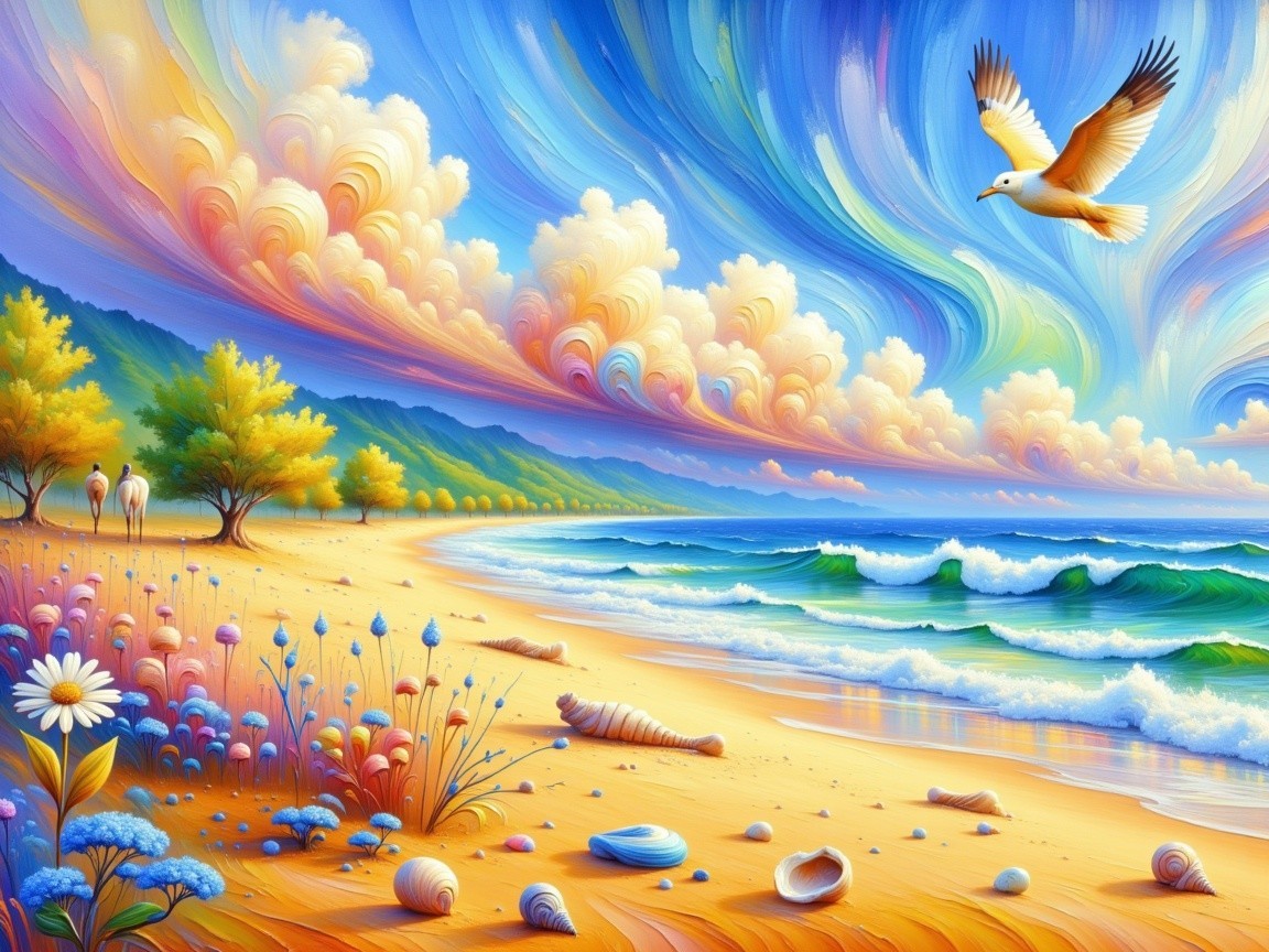 Vibrant Beach Scene with Golden Shoreline and Clouds