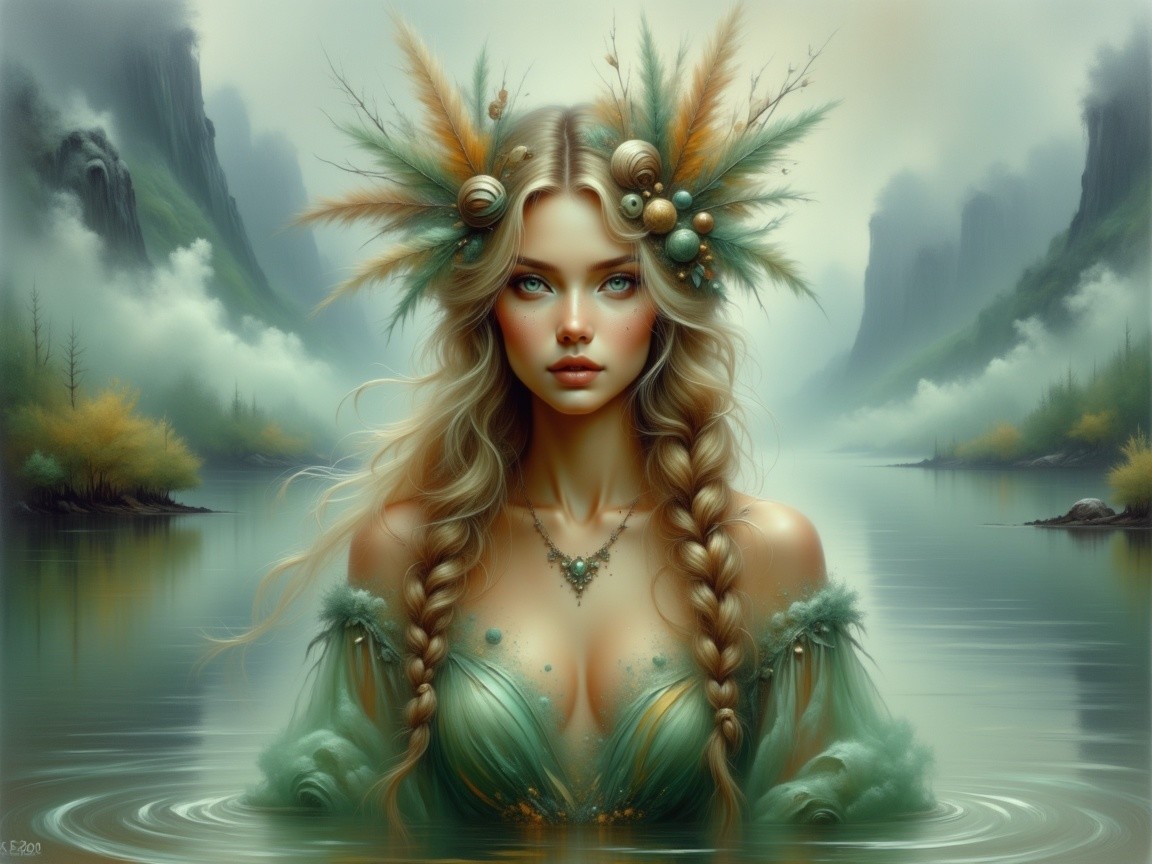 Ethereal Figure Emerging from a Tranquil Lake Scene