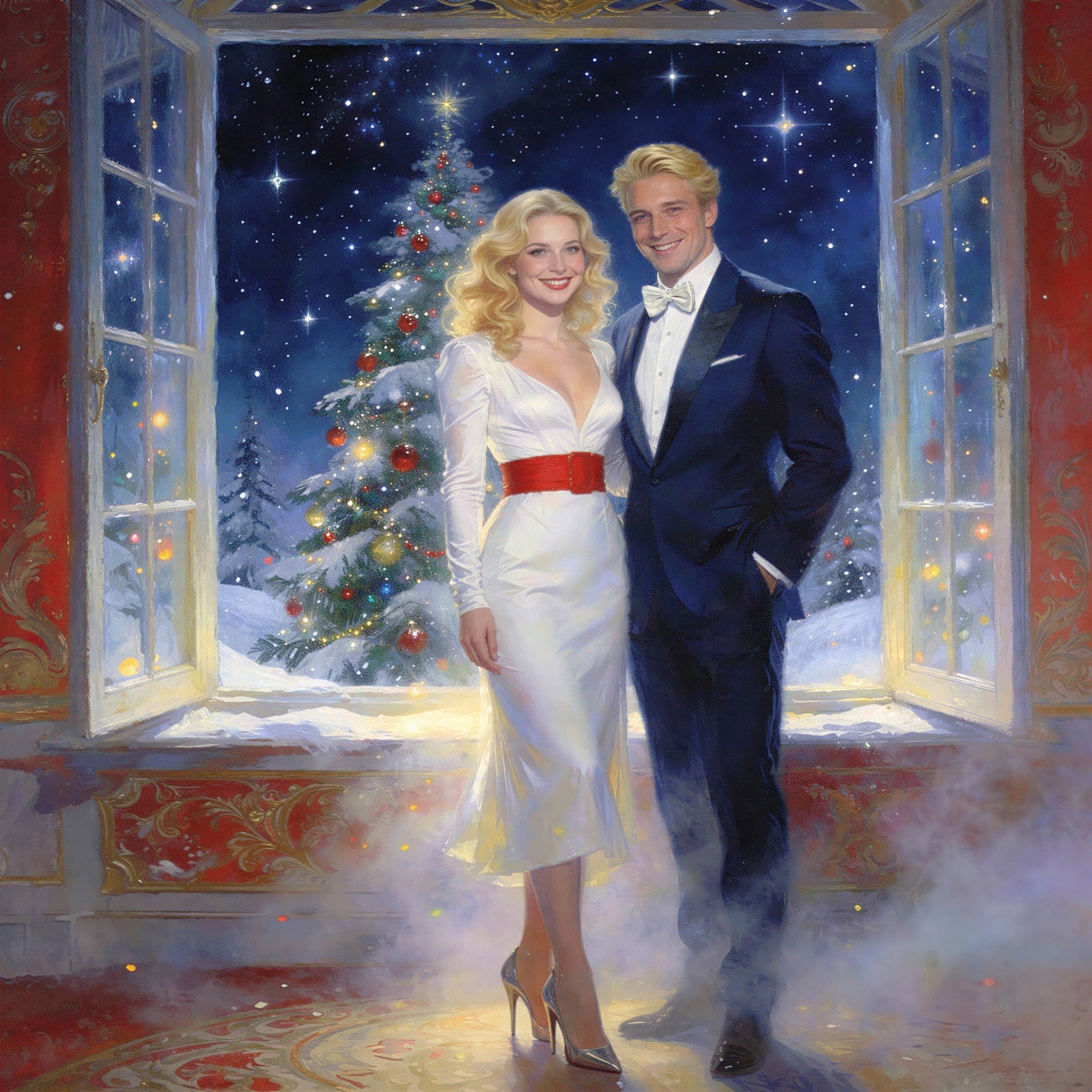 Christmas-Themed Painting of a Formal Couple Indoors