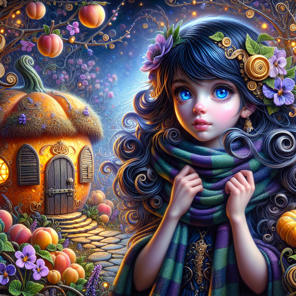 Whimsical Girl by Pumpkin-Shaped House in Autumn Setting