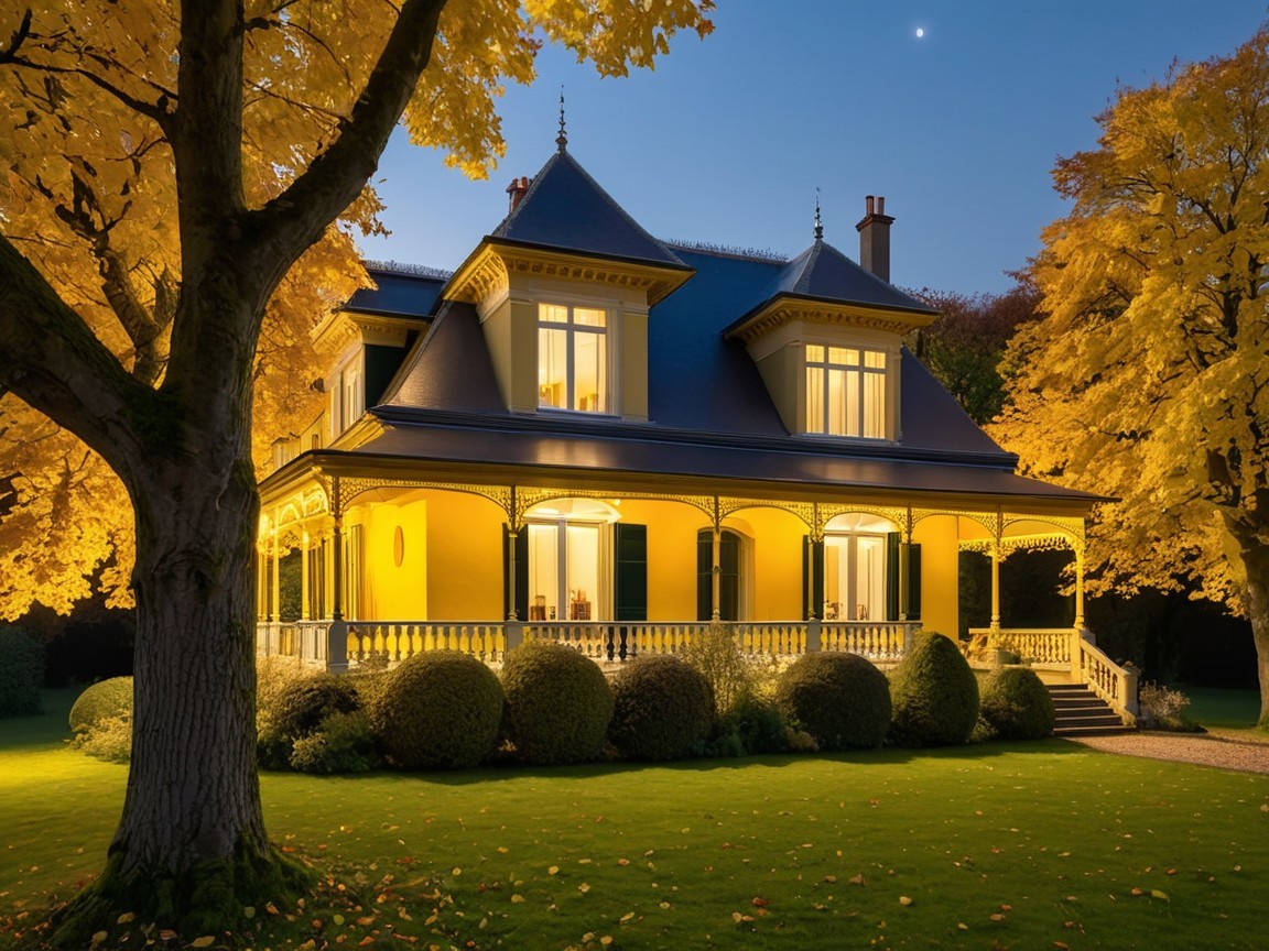 Historic House Surrounded by Autumn Foliage at Night