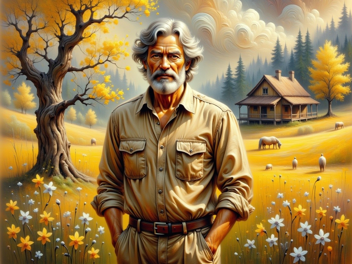 Autumn Landscape with Older Man and Rustic Cabin