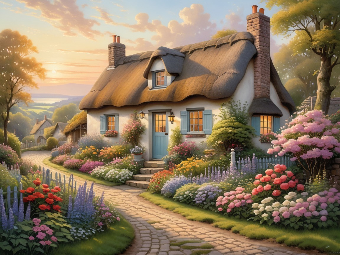 Charming Cottage Surrounded by Vibrant Garden Scene