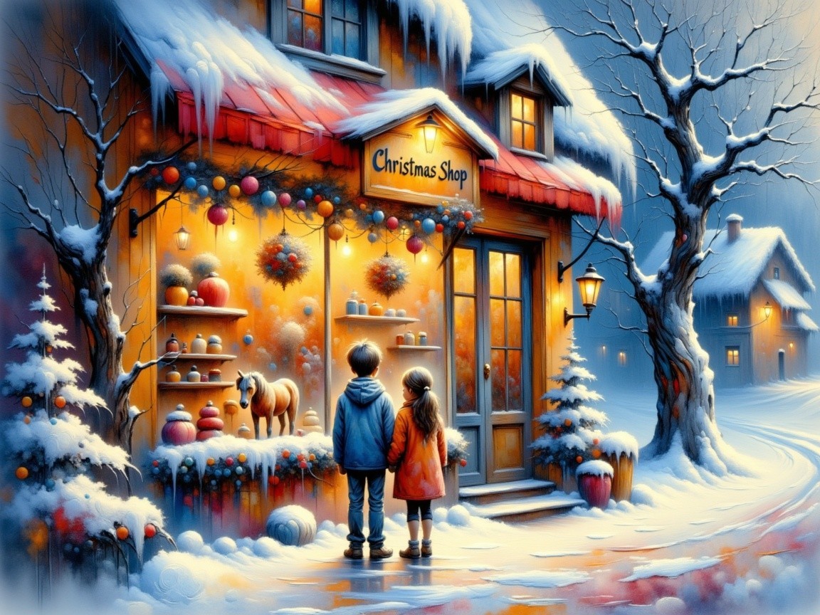 Winter Scene with Children at a Festive Christmas Shop