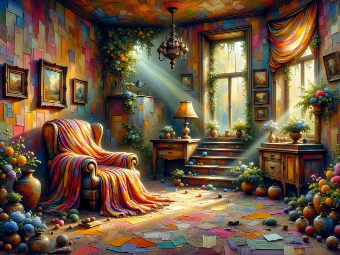 Vibrant Room Interior with Patchwork Wallpaper and Plants