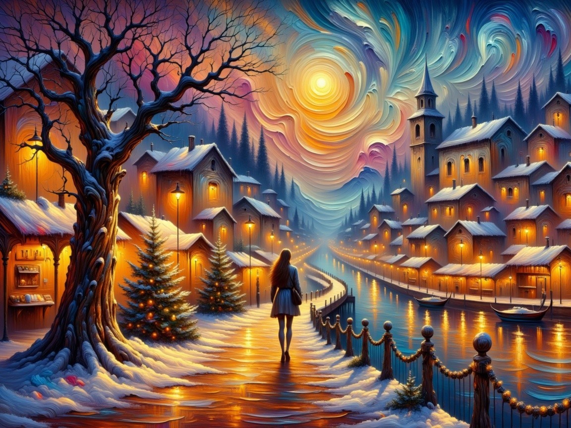 Winter Canal Scene with Quaint Houses and Trees