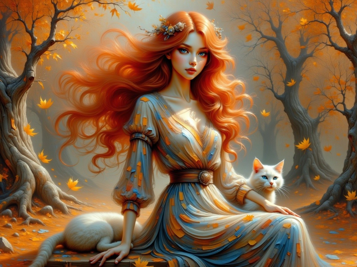 Young Woman in Autumn Forest with White Cat