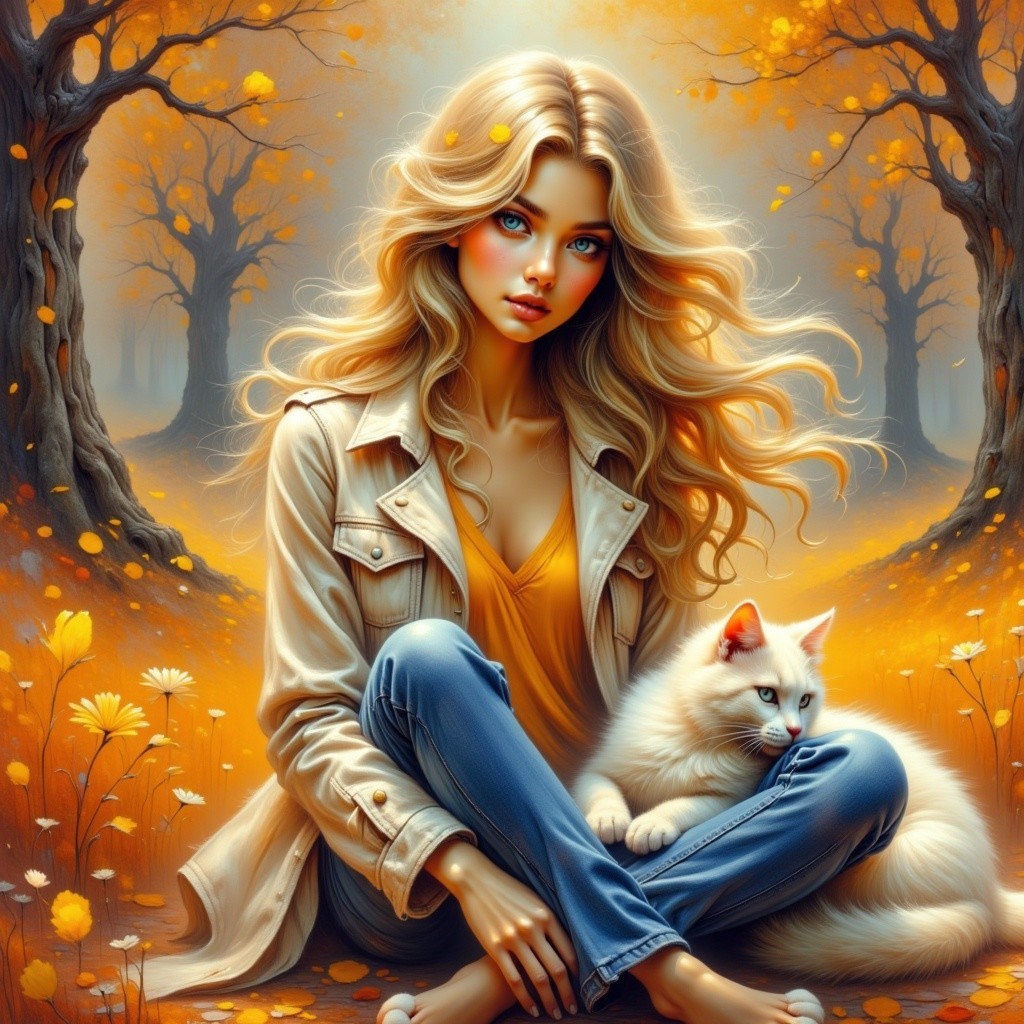 Young Woman with Cat in Autumn Foliage Setting