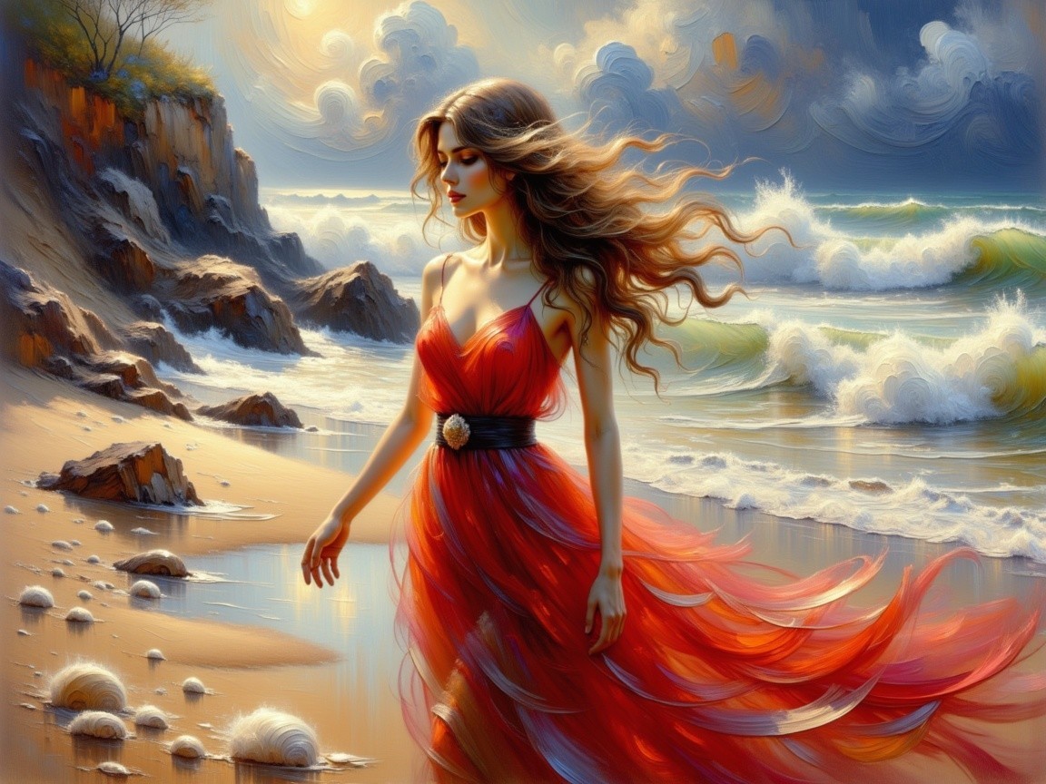 Woman in Red Dress on Sandy Beach at Sunset