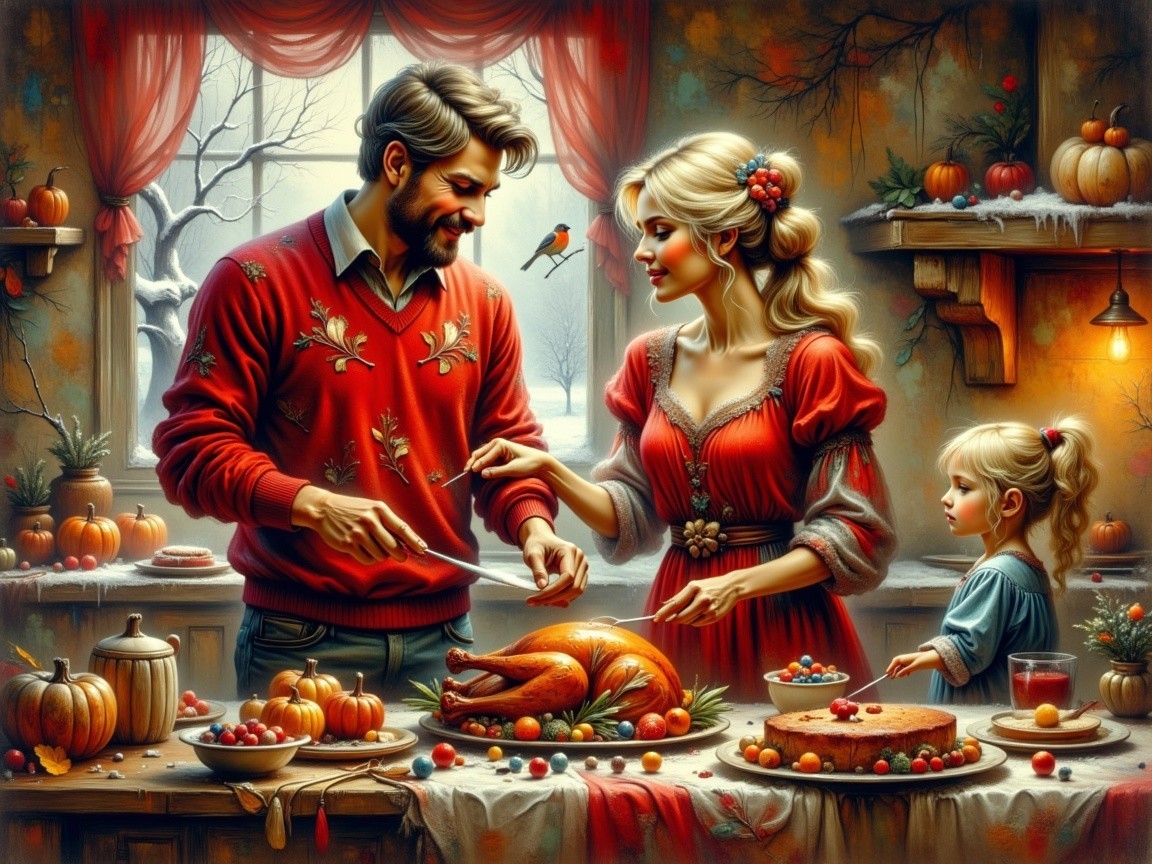 Cozy Kitchen Scene with Family Preparing Holiday Meal