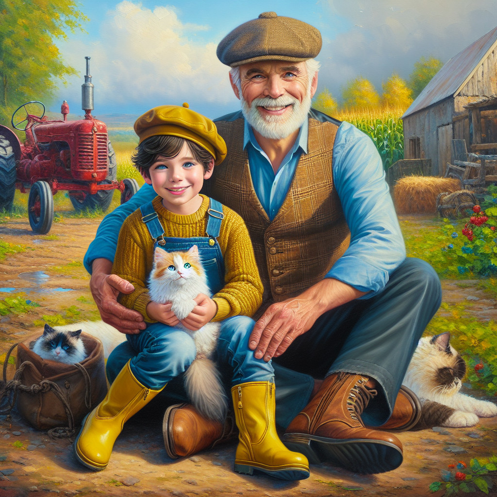 Grandfather and Grandson Enjoying Nature with Kittens