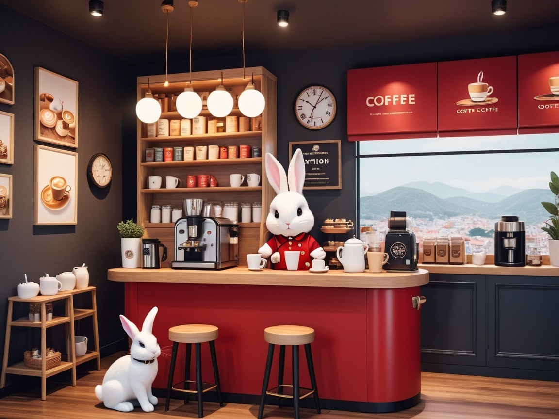 Cozy Coffee Shop Scene with Rabbit Barista and Mountains